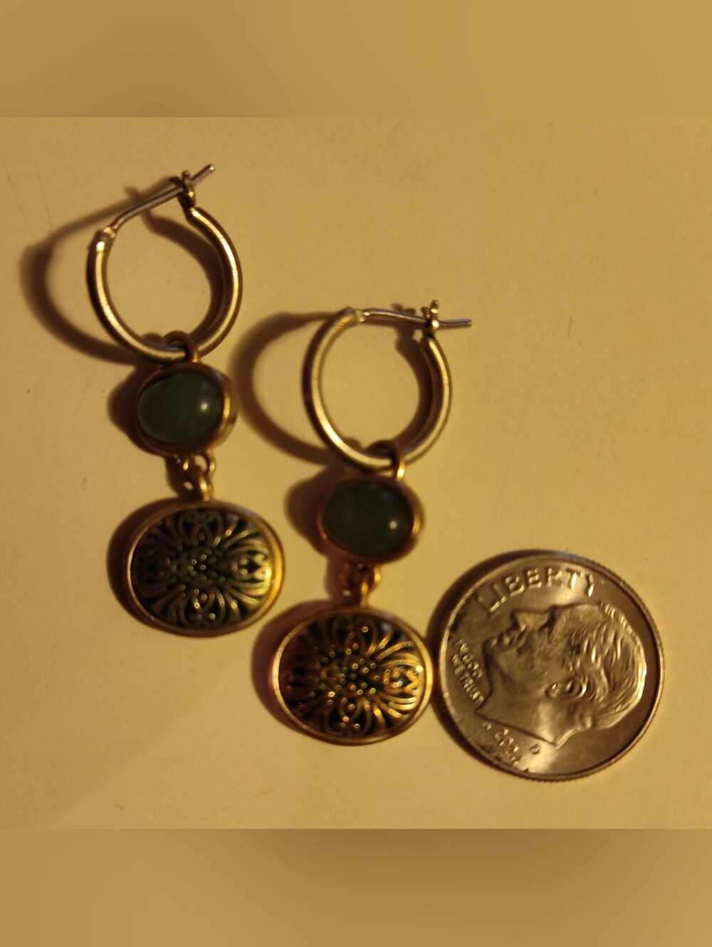 Gold-Tone Green Stone Drop Hoop Earrings
